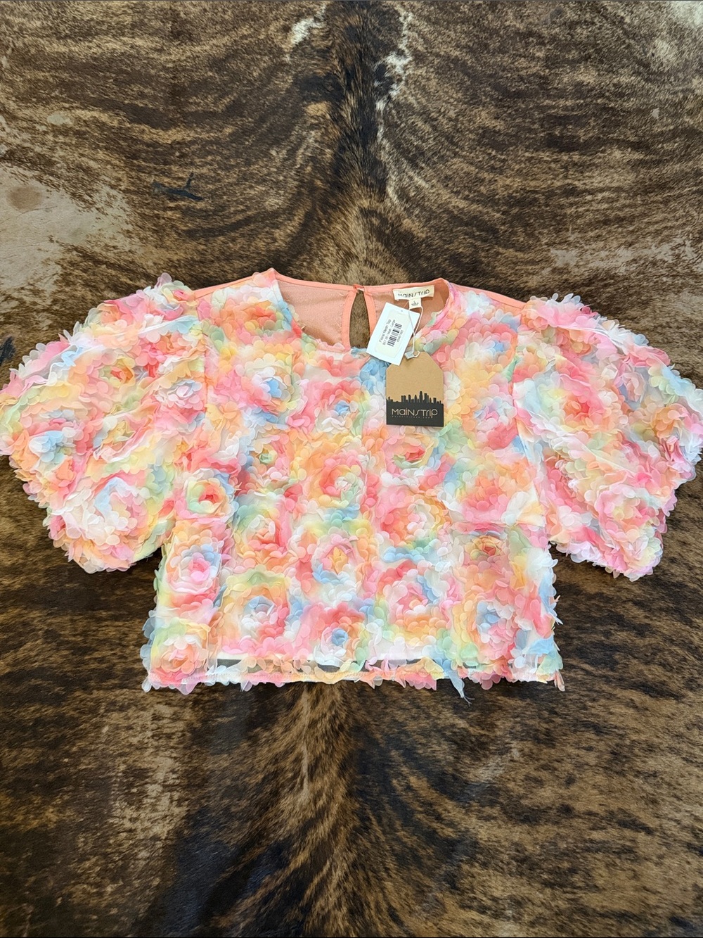 Main Strip Pastel Rainbow Floral Appliqué Girls' Top